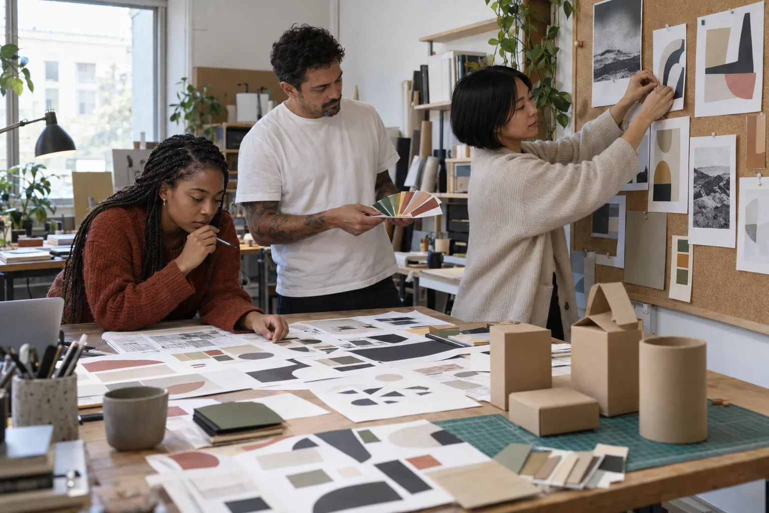 Designers reviewing logo explorations, colour swatches and packaging mockups, generated with AI